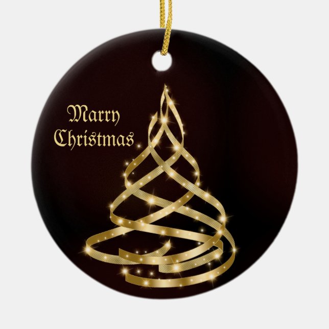 Ornamento De Cerâmica Christmas Celebration Shiny Golden Ribbon Tree (Frente)