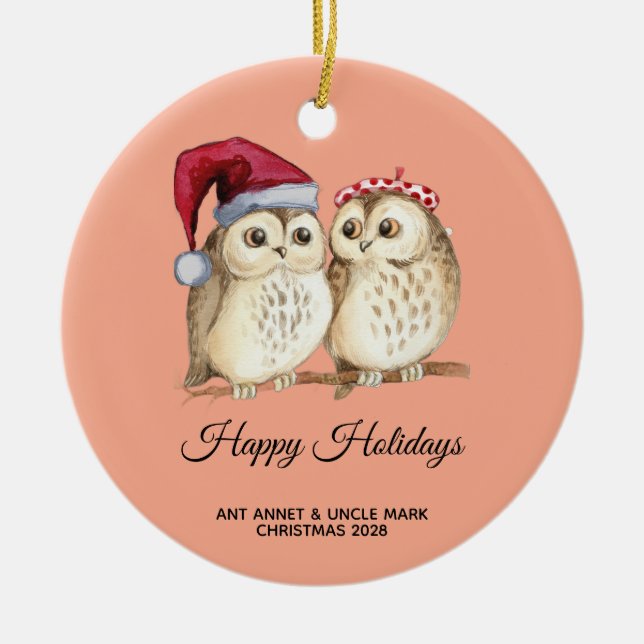 Ornamento De Cerâmica christmas cute Owl Wildlife santa's hat snow (Frente)