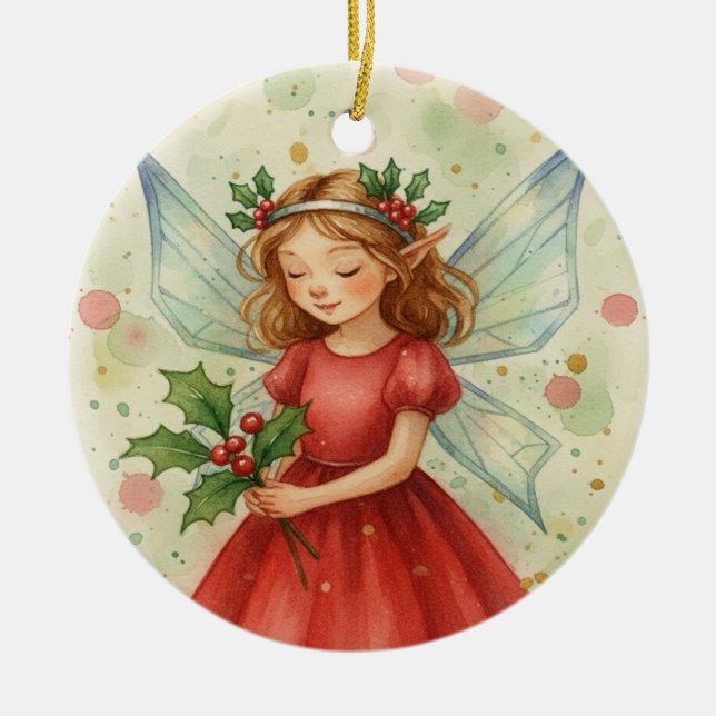 Ornamento De Cerâmica Christmas Fairy Watercolor Art (Frente)