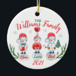Ornamento De Cerâmica Christmas family name kids Snowman watercolor<br><div class="desc">3 cute snowmen design (available with 4 and 5 persons too,  in my shop) for your Family with your own text and names. Watercolor Christmas family design for your Family or as a Christmas gift.</div>
