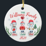 Ornamento De Cerâmica Christmas family name kids Snowman watercolor<br><div class="desc">3 cute snowmen design (available with 4 and 5 persons too,  in my shop) for your Family with your own text and names. Watercolor Christmas family design for your Family or as a Christmas gift.</div>
