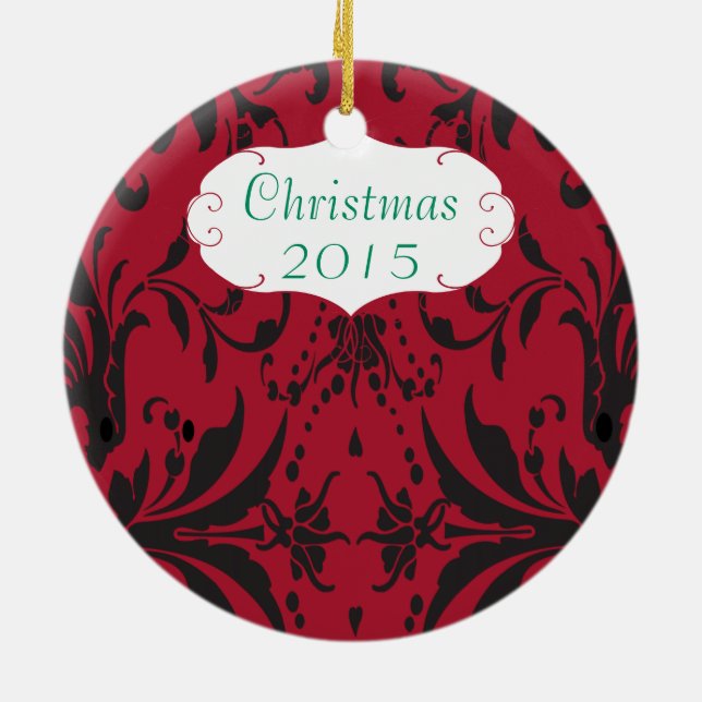 Ornamento De Cerâmica Christmas Family Photo Red Chandelier #3 Damask (Traseira)
