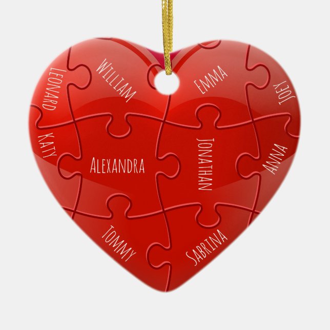 Ornamento De Cerâmica Christmas Family Puzzle Heart with Names (Frente)