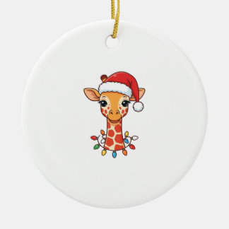 Ornamento De Cerâmica Christmas Giraffe Santa Hat and Colorful Lights