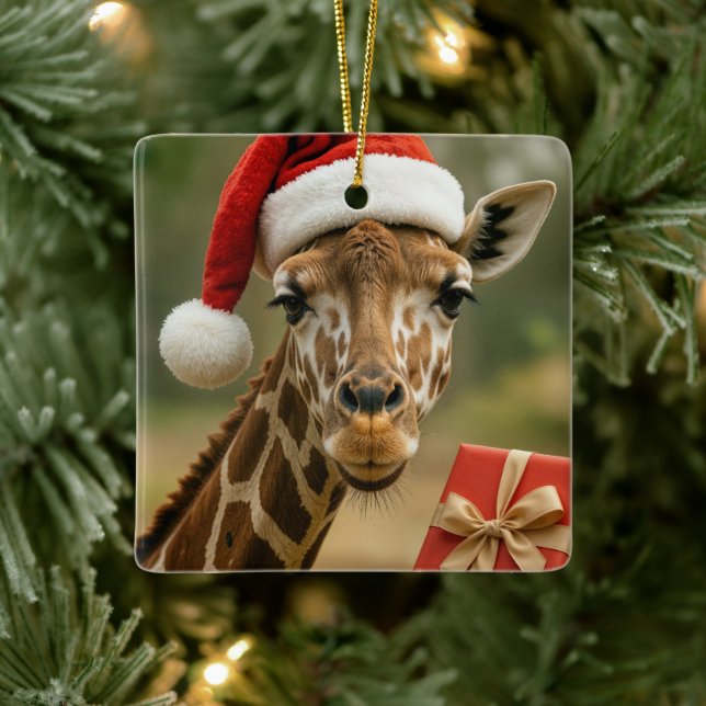 Ornamento De Cerâmica Christmas Giraffe With Holiday Gift (Árvore)