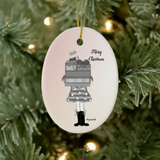 Ornamento De Cerâmica Christmas Girl in Black and White
