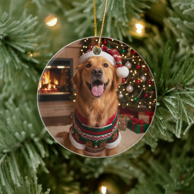 Ornamento De Cerâmica Christmas Golden Retriver Dog Custom Pet Photo (Árvore)
