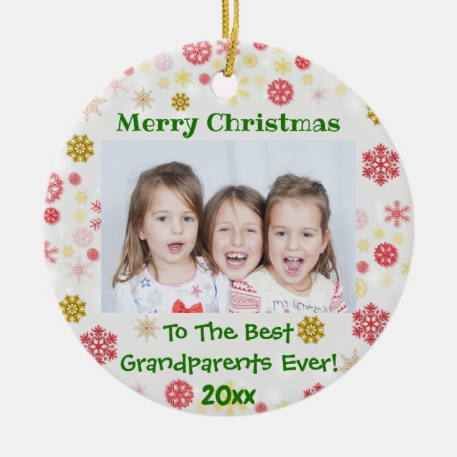 Ornamento De Cerâmica Christmas Grandparents Grandkids Photo Year (Frente)