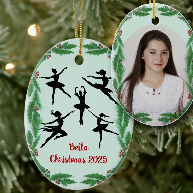 Ornamento De Cerâmica Christmas Greenery Dancer Ballet Photo Ornament (Criador carregado)