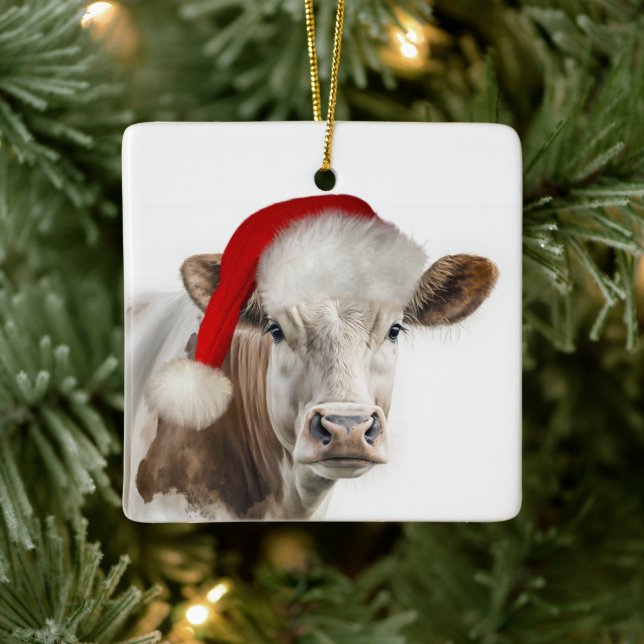 Ornamento De Cerâmica Christmas Hereford Cow With Santa Hat (Árvore)