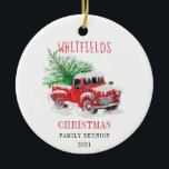 Ornamento De Cerâmica Christmas Holiday Family Reunion Custom<br><div class="desc">Featuring a classic red truck in the snow with a Christmas tree on the back to set the mood for what's to come over the holiday. Easily change the family name by clicking the "Personalize" button above TIP: Check out the other apparel for the rest of the family, party supplies,...</div>
