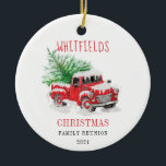 Ornamento De Cerâmica Christmas Holiday Family Reunion Custom<br><div class="desc">Featuring a classic red truck in the snow with a Christmas tree on the back to set the mood for what's to come over the holiday. Easily change the family name by clicking the "Personalize" button above TIP: Check out the other apparel for the rest of the family, party supplies,...</div>
