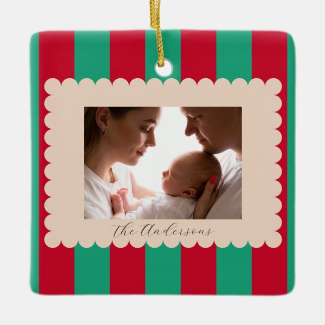 Ornamento De Cerâmica Christmas Holiday Striped Custom Photograph Modern (Frente)