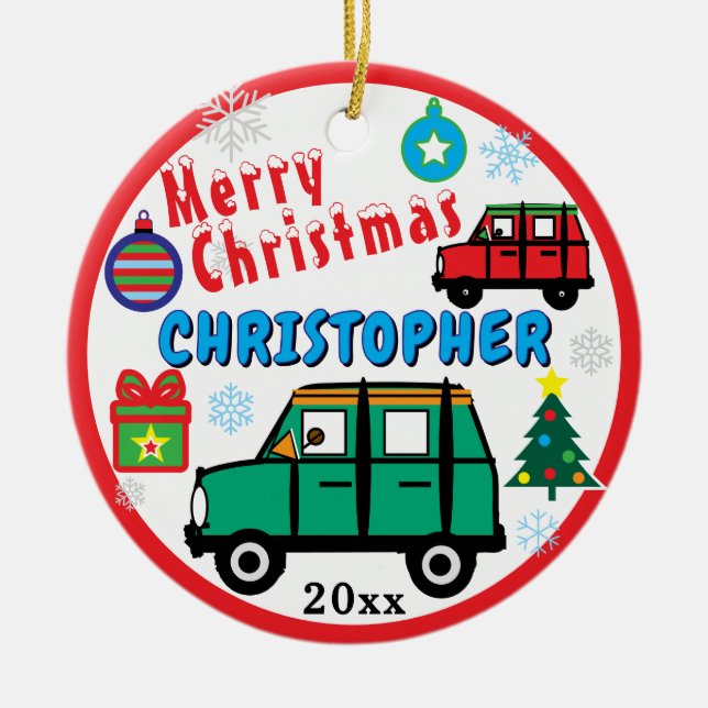 Ornamento De Cerâmica Christmas Kids PHOTO Name Green Red Cars (Frente)