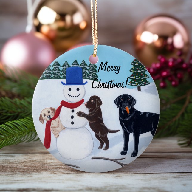 Ornamento De Cerâmica Christmas Labrador Painting Snowman (Christmas Labradors and Snowman Design Ceramic Ornament for Labrador Owners.  Whimsical Painting.)