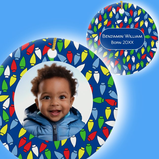 Ornamento De Cerâmica Christmas Lights Grandson blue  (Criador carregado)