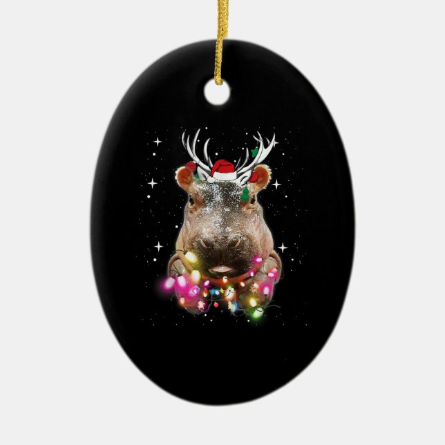 Ornamento De Cerâmica Christmas Lights Hippo Fiona Hippopotamus Lover (Frente)