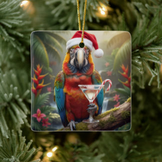 Ornamento De Cerâmica Christmas Macaw Parrot With Martini Cocktail