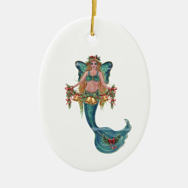 Ornamento De Cerâmica Christmas mermaid  by Renee Lavoie (Frente)