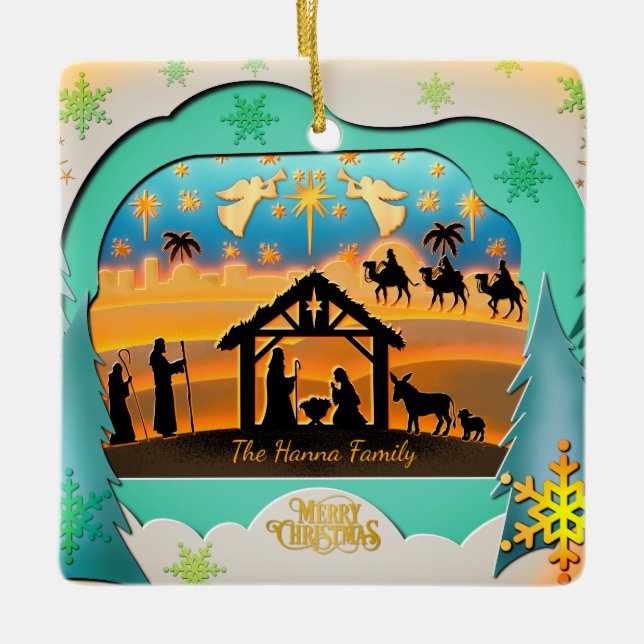 Ornamento De Cerâmica Christmas Nativity Scene 3D | Religious Holiday  (Frente)