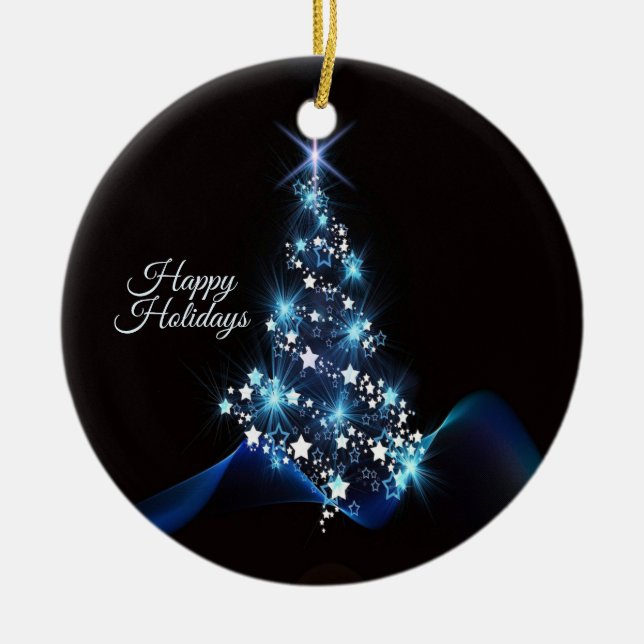 Ornamento De Cerâmica Christmas Party Blue Tree Shiny Black Elegant (Frente)