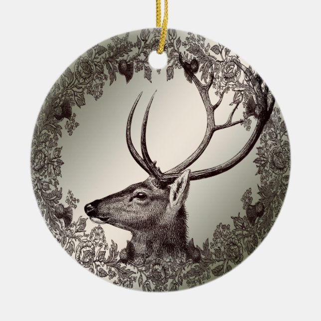 Ornamento De Cerâmica Christmas Party Floral Reindeer Golden Winter (Frente)