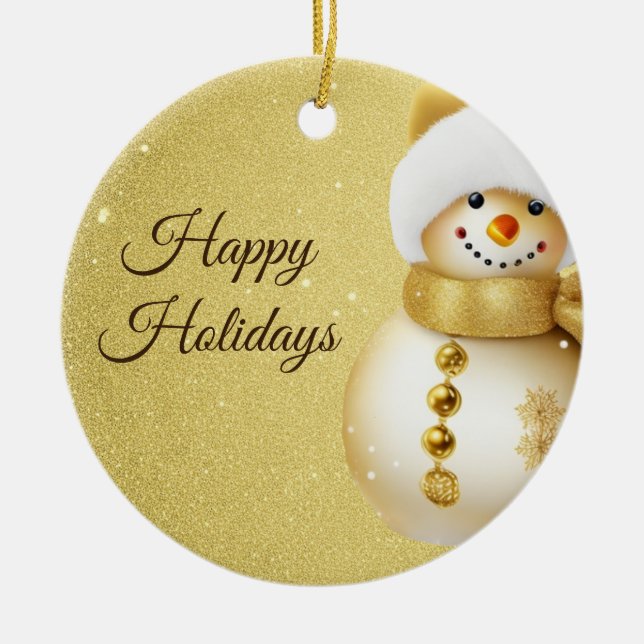 Ornamento De Cerâmica Christmas Party Golden Snowman Snowflakes Holidays (Frente)