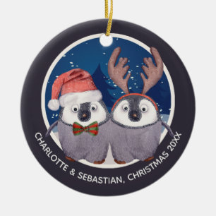 Ornamento De Cerâmica Christmas Penguin Couple Cute Santa and Reindeer
