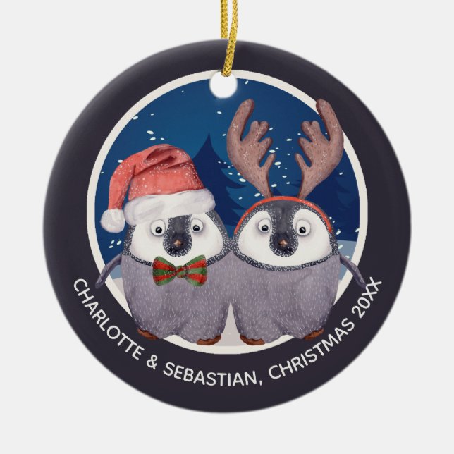 Ornamento De Cerâmica Christmas Penguin Couple Cute Santa and Reindeer (Frente)