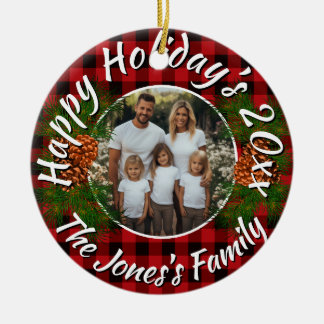 Ornamento De Cerâmica Christmas personalized photo red plaid pinecones