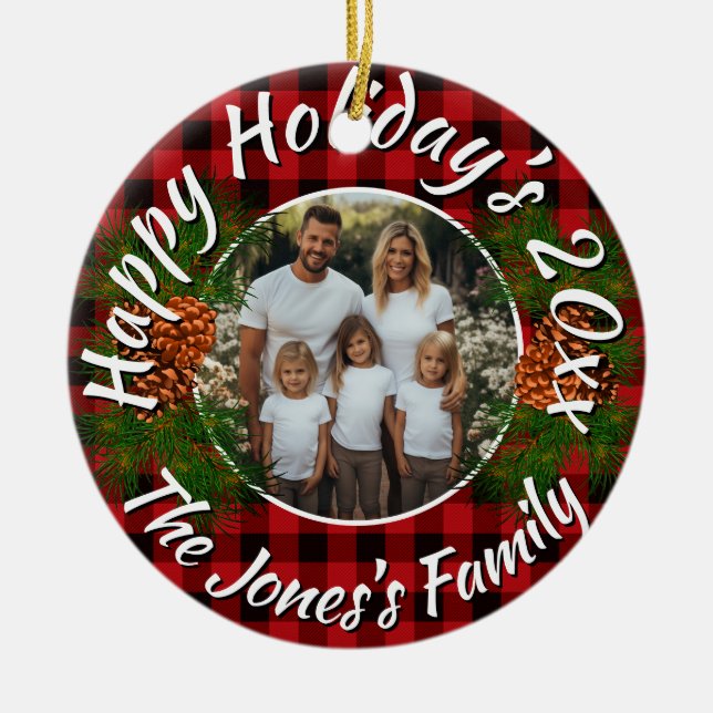 Ornamento De Cerâmica Christmas personalized photo red plaid pinecones (Frente)