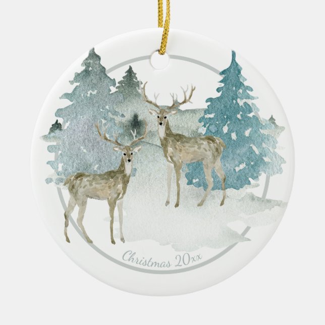 Ornamento De Cerâmica Christmas Personalized Woodland Winter Deer (Frente)