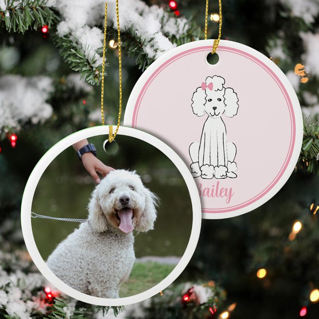 Ornamento De Cerâmica Christmas Photo Cute Puppy Dog White Poodle  (Criador carregado)