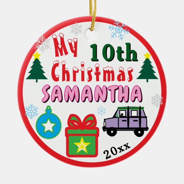 Ornamento De Cerâmica Christmas PHOTO Purple Car Girl Age (Frente)