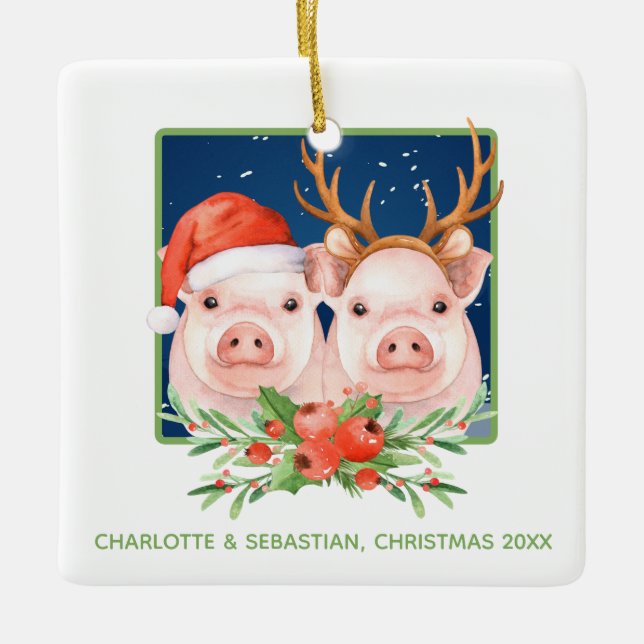 Ornamento De Cerâmica Christmas Pigs Cute Santa and Reindeer Couple (Frente)