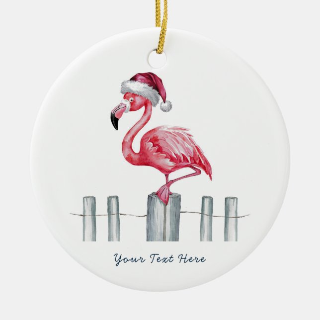 Ornamento De Cerâmica Christmas Pink Flamingo in Santa Hat Personalized (Frente)