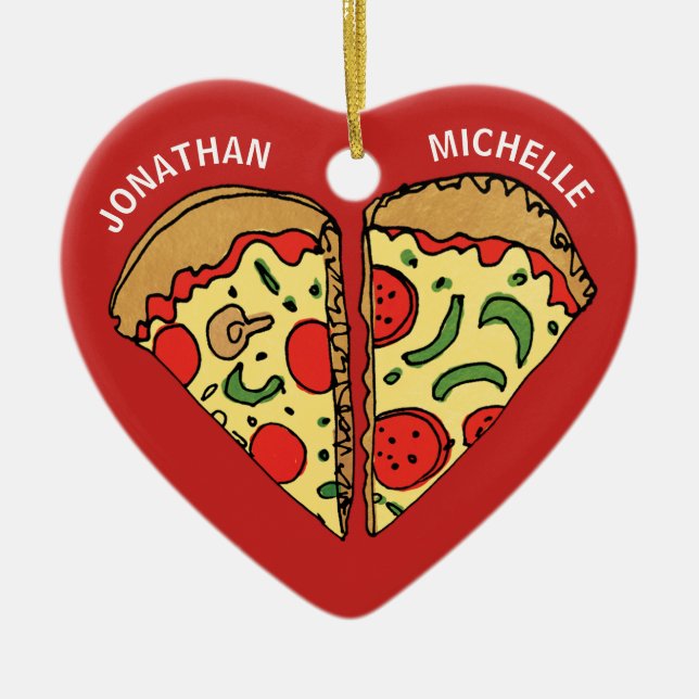 Ornamento De Cerâmica Christmas Pizza Funny Couple Monogram Names (Frente)