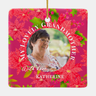 Ornamento De Cerâmica Christmas Poinsettias Red Photo Grandmother Red