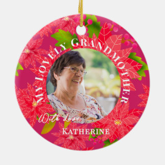 Ornamento De Cerâmica Christmas Poinsettias Red Photo Grandmother Red
