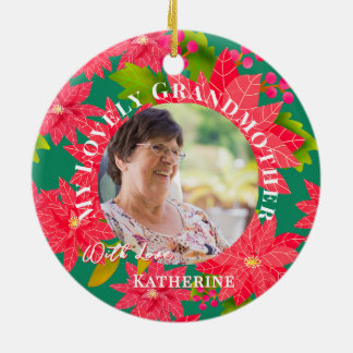 Ornamento De Cerâmica Christmas Poinsettias Red Photo Grandmother Teal