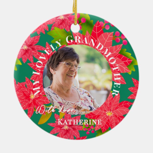 Ornamento De Cerâmica Christmas Poinsettias Red Photo Grandmother Teal (Traseira)