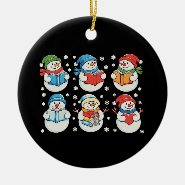 Ornamento De Cerâmica Christmas Reading Books Teacher Snowman Xmas (Frente)