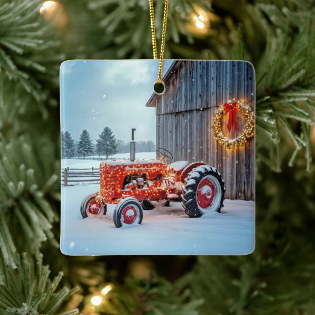 Ornamento De Cerâmica Christmas Red Farm Tractor In Snow (Árvore)