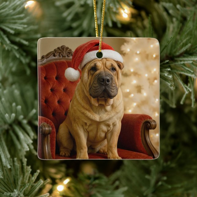 Ornamento De Cerâmica Christmas Shar-Pei Dog With Santa Hat (Árvore)