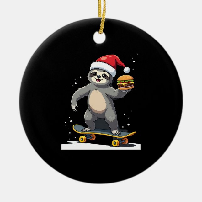 Ornamento De Cerâmica CHRISTMAS SLOTH Funny Christmas Skateboard Sloth ( (Frente)