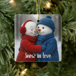 Ornamento De Cerâmica Christmas Snowman Couple in Snowflakes
