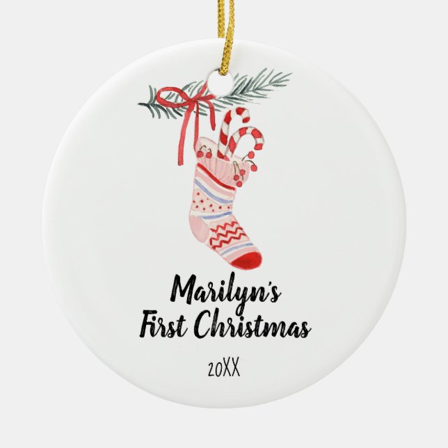 Ornamento De Cerâmica Christmas Socks Ornament for Baby Girl (Frente)