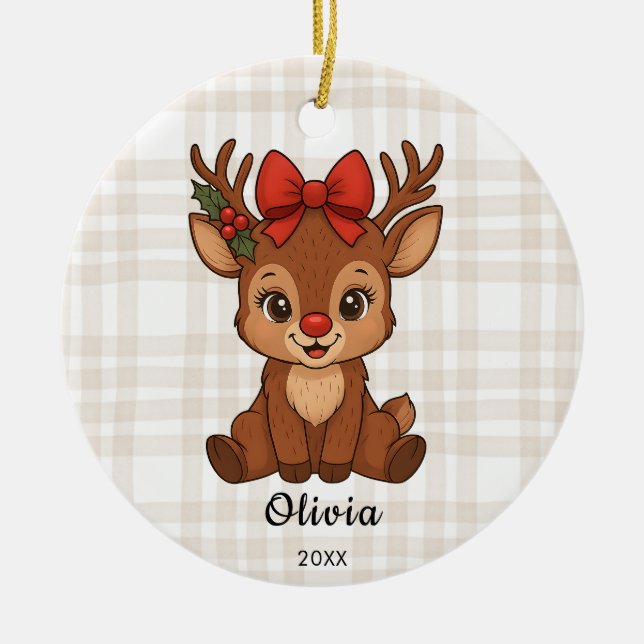 Ornamento De Cerâmica Christmas Toddler Girl's Reindeer Ornament (Frente)