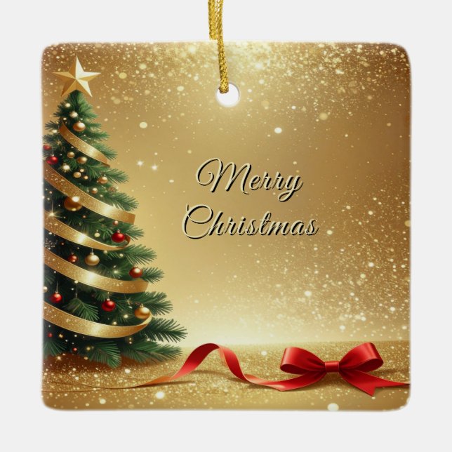 Ornamento De Cerâmica Christmas Tree Ribbons Holiday Ornament (Frente)