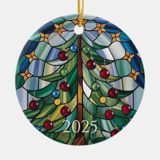 Ornamento De Cerâmica Christmas Tree Stained Glass 2025 Design (Frente)